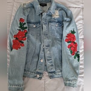 Pac Sun Womens Size Medium Floral Distressed Jean Jacket Y2K Roses Grunge